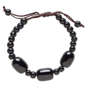 Black agate / glass / waxed cotton 1pkg1, barrel bracelet adjustable 5-7.5 inch 12mm