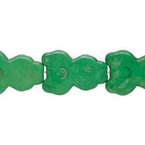 Bead, "turquoise" (resin) (imitation), apple green, 21x15mm carved frog. Sold per 15-inch strand.
