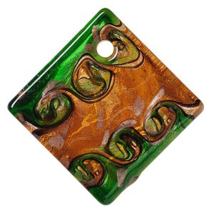 Focal, lampworked glass, orange and green with copper-colored foil, 55x55mm single-sided flat diamond. Sold individually.