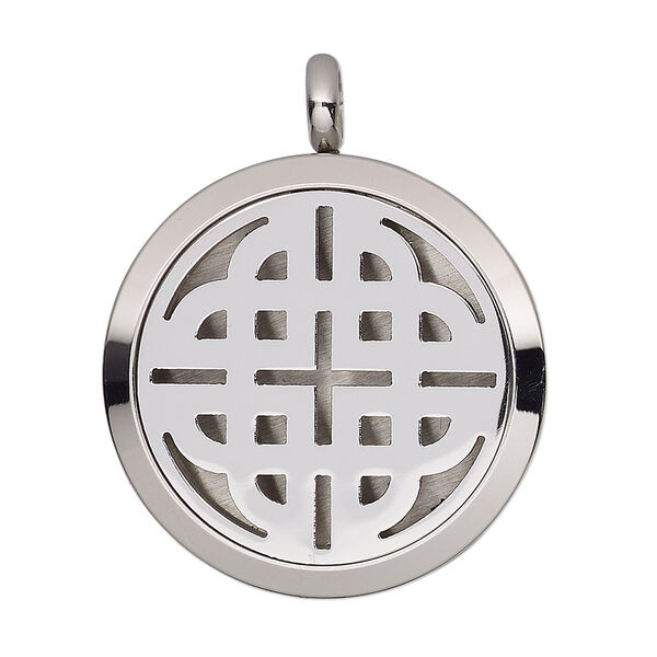 Pendant, stainless steel, 37x30mm single-sided hinged round locket with cutout Celtic knot and magnetic closure. Sold individually. image number 0