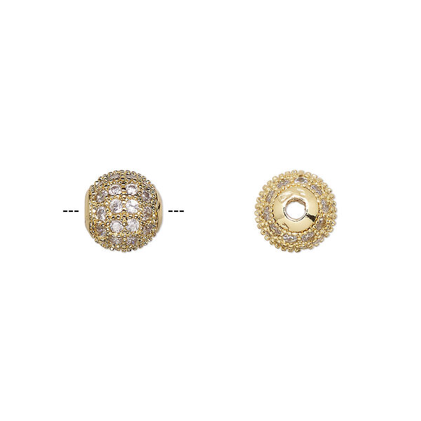 Bead, cubic zirconia and gold-finished brass, clear, 8mm textured round. Sold individually. image number 0