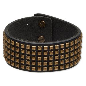 Bracelet, leather (dyed) / antique brass-finished "pewter" (zinc-based alloy) / steel, brown, 30mm wide with square studs, 6 inches with tab closure. Sold individually.