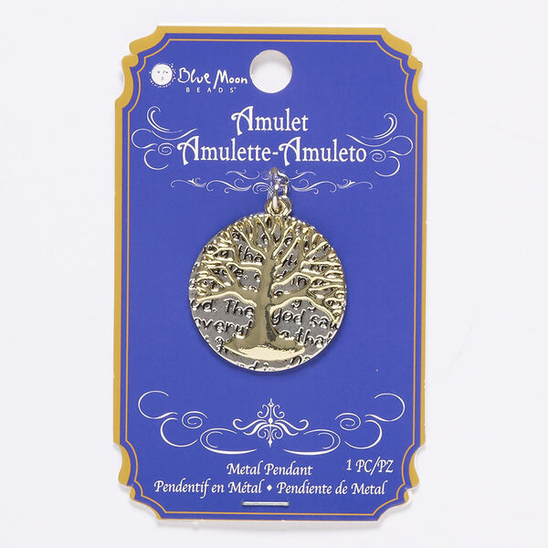 Focal, gold- and antique silver-finished "pewter" (zinc-based alloy), 30mm flat round with scripture and cutout tree of life. Sold individually. image number 0