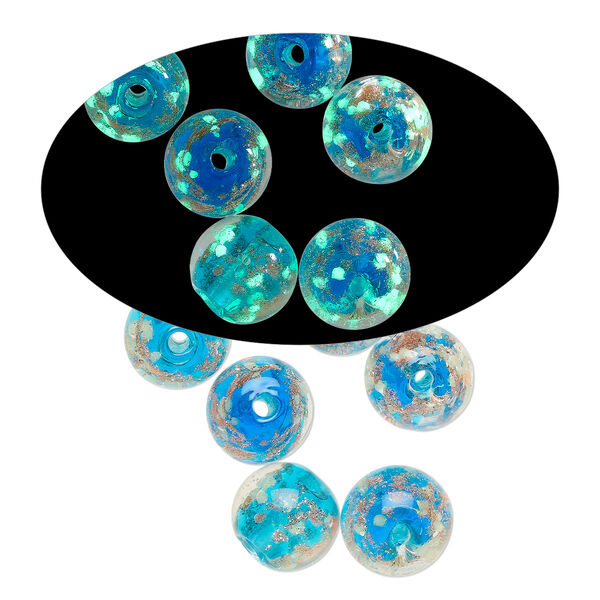 Bead, lampworked glass, clear / blue / glow-in-the-dark / gold, 10mm round. Sold per pkg of 6. image number 0