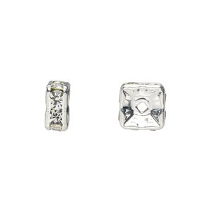 Bead, glass rhinestone and silver-plated brass, clear, 8x4mm squaredelle. Sold per pkg of 10.