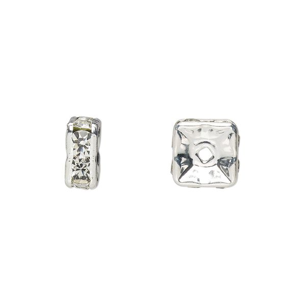 Bead, glass rhinestone and silver-plated brass, clear, 8x4mm squaredelle. Sold per pkg of 10. image number 0