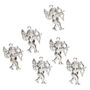 Charm, steel, pkg/6, 21x15mm cupid, silver finish.