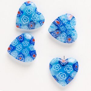 Bead, millefiori glass, pkg/4, translucent multicolored, 18-20mm half-drilled puffed heart.
