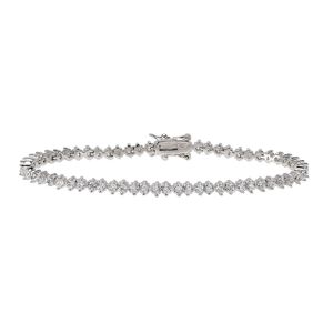 Bracelet, tennis, cubic zirconia and rhodium-finished brass, clear, 4mm wide, 7-1/2 inches with tab clasp and safety. Sold individually.