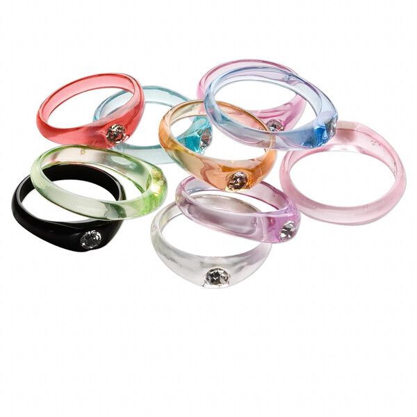 Ring mix, acrylic and glass rhinestone, clear and mixed colors, sizes 6-10. Sold per pkg of 10. image number 0