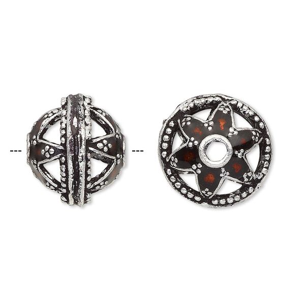 Bead, enamel and antique silver-plated brass, transparent red, 16x14mm beaded rondelle with star design. Sold individually. image number 0