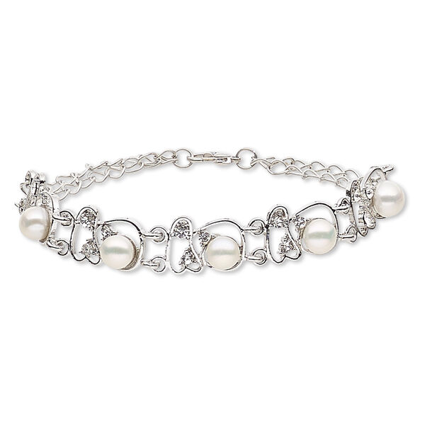 Bracelet, cultured freshwater pearl (bleached) / glass rhinestone / imitation rhodium-plated steel / "pewter" (zinc-based alloy), white and clear, 13mm flower, 7-1/2 inches with lobster claw clasp. Sold individually. image number 0