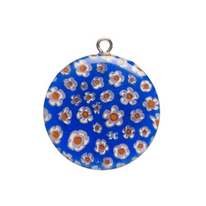 Component 1pkg1 millefiori glass and silver-finished steel, translucent cobalt blue / white / red, 24-25mm puffed flat round.