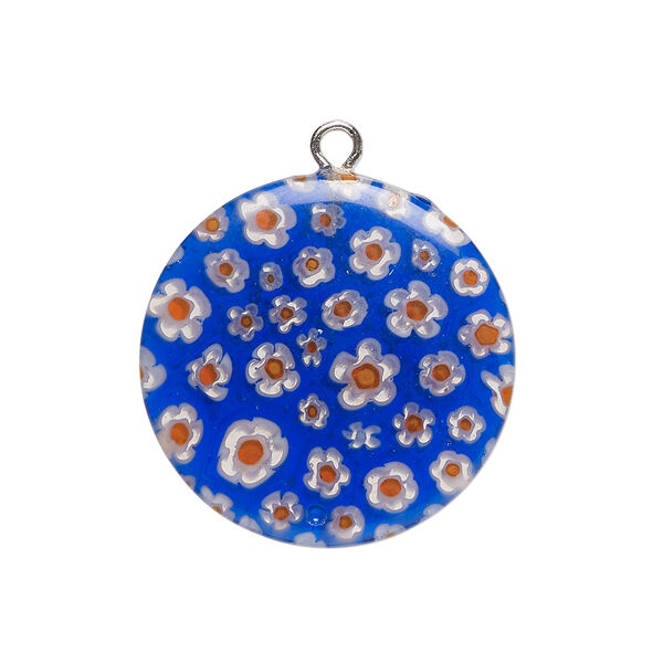 Component 1pkg1 millefiori glass and silver-finished steel, translucent cobalt blue / white / red, 24-25mm puffed flat round. image number 0