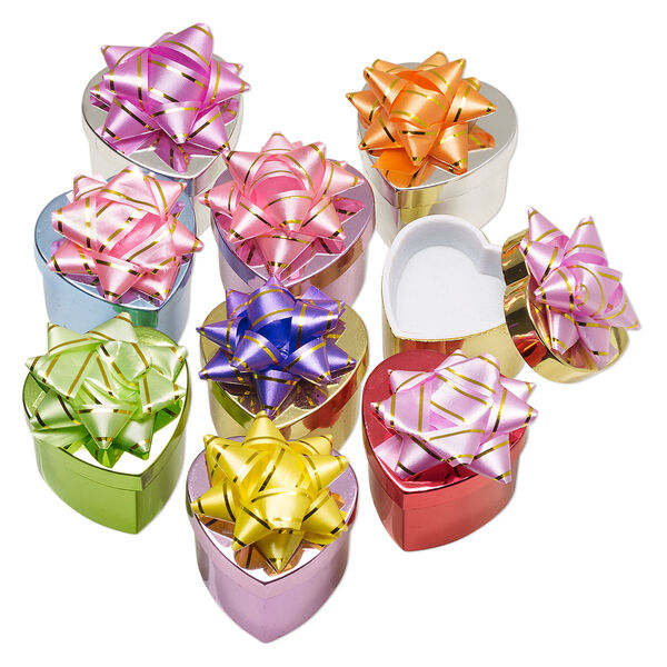 Gift box, ring, paper / plastic / nylon, mixed colors, 1-3/4 x 1-3/4 x 1-1/2 inch heart with ribbon and white velveteen insert. Sold per pkg of 9. image number 0