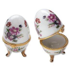 Trinket box, porcelain and gold-finished acrylic, white and multicolored, 3x2-inch hinged egg with floral decal. Sold individually.