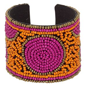 Bracelet, cuff, cotton / glass / steel, orange / hot pink / multicolored, 52mm wide with circle design, adjustable from 6-1/2 to 7 inches. Sold individually.