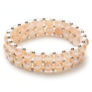 Bracelet, stretch, cultured freshwater pearl and nickel-plated iron, peach, 2mm round and 8mm button, 6 inches. Sold individually.