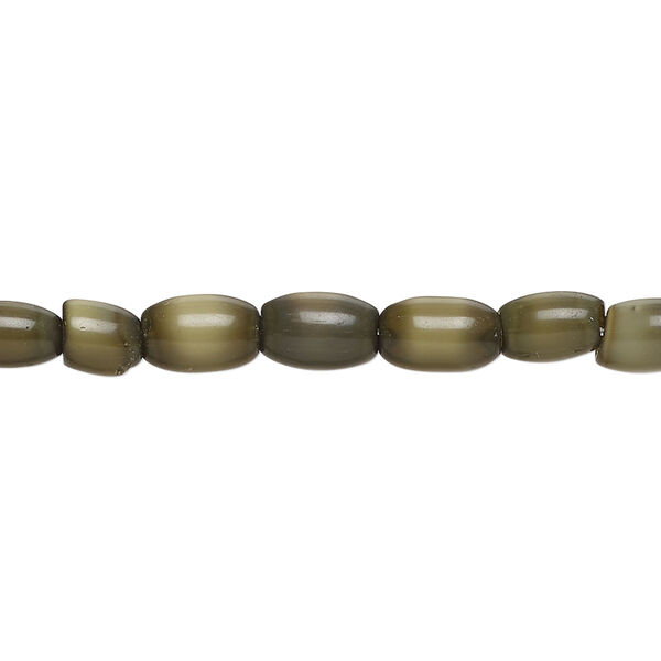 Bead, fiber optic glass, pkg/14 inch, opaque dark olive, 7x5mm center-drilled oval. image number 0