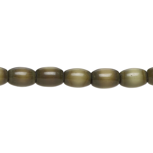 Bead, fiber optic glass, pkg/14 inch, opaque dark olive, 8x6mm center-drilled oval. image number 0