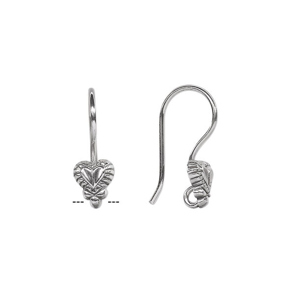 Ear wire, antiqued sterling silver, 18mm fishhook with fancy heart and open loop, 18-20 gauge. Sold per pkg of 2 pairs. image number 0
