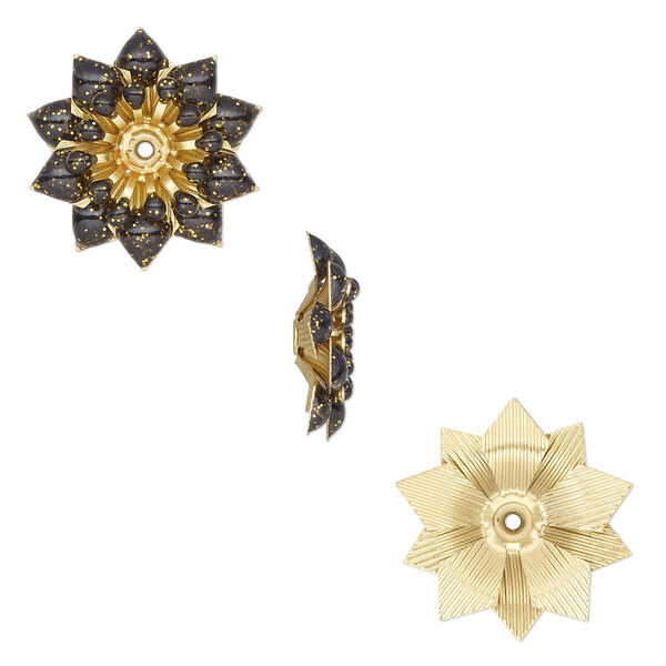 Component, epoxy and gold-finished copper, black with gold glitter, 19x18mm center-drilled single-sided flower. Sold per pkg of 2. image number 0