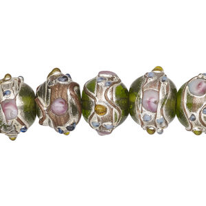 Bead, lampworked glass, transparent green and multicolored with silver- and gold-colored foil, 13x11mm rondelle. Sold per pkg of 30.