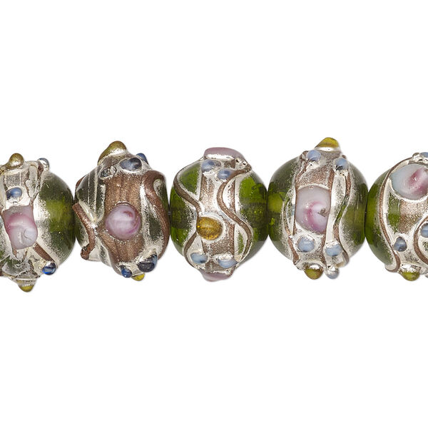 Bead, lampworked glass, transparent green and multicolored with silver- and gold-colored foil, 13x11mm rondelle. Sold per pkg of 30. image number 0