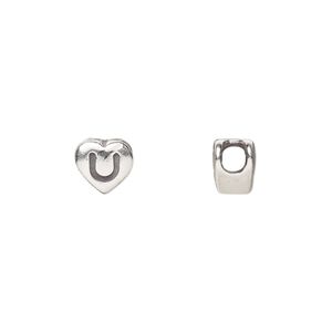 Bead, sterling silver, 7.5x7mm heart with alphabet letter "U." Sold individually.