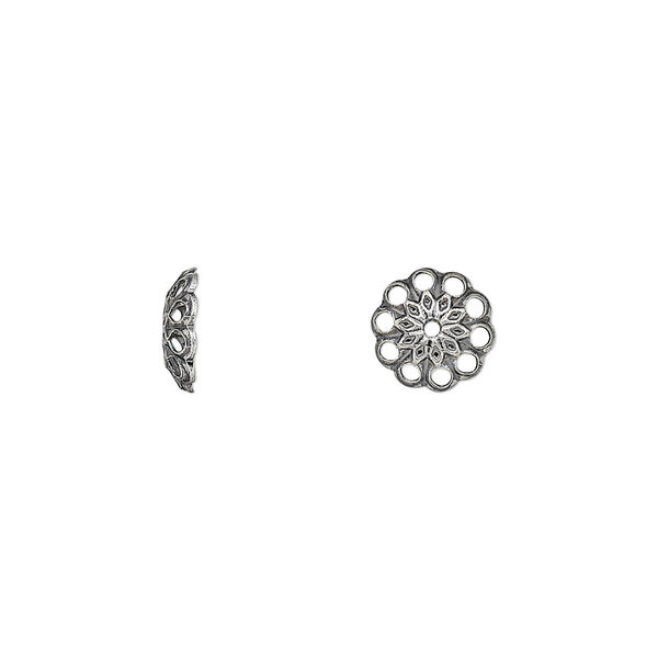 Bead cap, antique silver-plated brass, 8x2mm fancy round with cutouts, fits 8-10mm bead. Sold per pkg of 500. image number 0