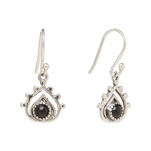 Earring, Create Compliments®, antiqued sterling silver and black onyx (dyed), fishhook, 26.5mm with 13x12.5mm single-sided open teardrop, 21 gauge. Sold per pair.