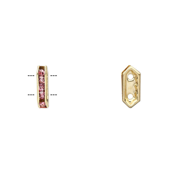 Spacer, glass rhinestone and gold-finished brass, rose, 11x2.5mm 2-strand bridge, fits up to 4.5mm bead. Sold per pkg of 10. image number 0