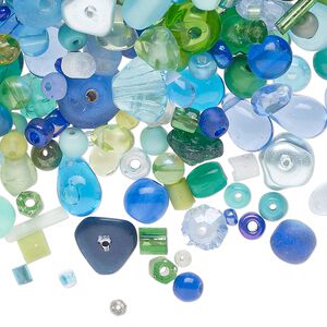 Bead mix, glass, pkg/100g, 4x2-14x8mm mixed shapes, opaque to transparent multi-blue and multi-green.