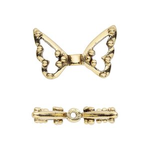Bead, antique gold-plated pewter (tin-based alloy), 25x15.5mm open wings. Sold individually.
