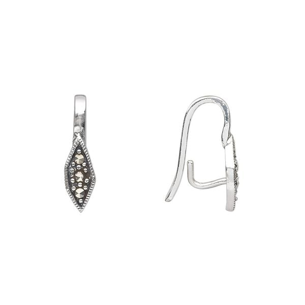 Bail, prong, sterling silver and marcasite, 3 stones, 16x5mm diamond with 11mm grip length. Sold individually. image number 0