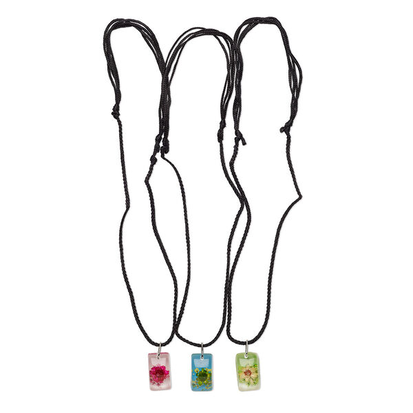 Necklace, resin / flower / nylon / steel, assorted colors, 23x14mm rectangle, adjustable from 18-24 inches with macramé knot closure. Sold per pkg of 3. image number 0