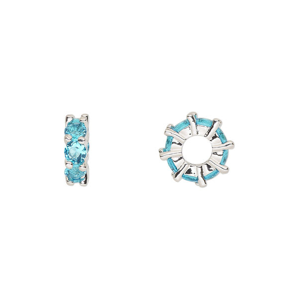 Bead, cubic zirconia and silver-plated brass, aqua, 10.5x3.5mm rondelle. Sold per pkg of 2. image number 0