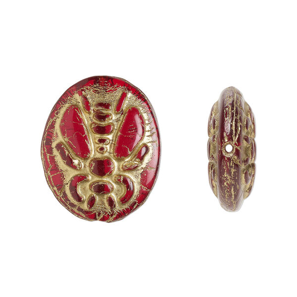Bead, Preciosa Czech pressed glass, opaque dark red, black luster, gold finish, 22x18mm oval scarab. Sold per pkg of 5. image number 0