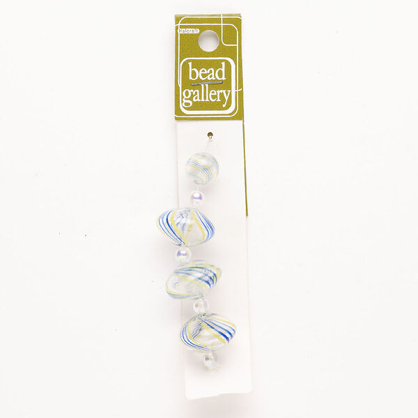 Bead 1pkg4 handblown glass, mixed sizes / line design, assortment transparent blue / yellow / clear image number 0