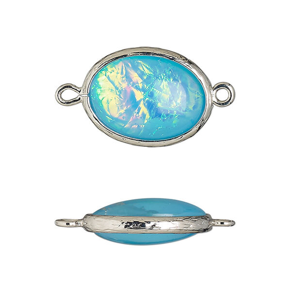 Link, Opalized Ice™, "opal" (resin) and imitation rhodium-finished brass, opaque light blue, 20x15mm double-sided oval. Sold per pkg of 4. image number 0