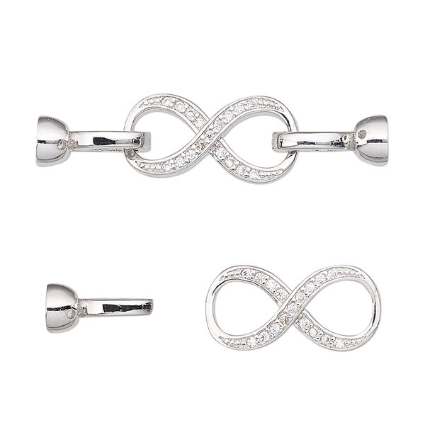Clasp, double latch hinged hook, cubic zirconia and rhodium-plated brass, clear, 36x9mm infinity with glue-in ends, 3.5mm inside diameter. Sold individually. image number 0