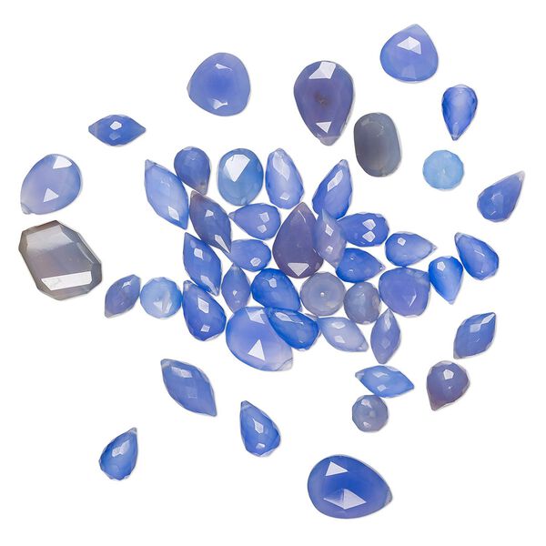 Bead mix, blue chalcedony (dyed / coated), light to dark, 5x3mm-15mm hand-cut top- and center-drilled faceted mixed shapes with 0.4-1.4mm hole, B- grade, Mohs hardness 6-1/2 to 7. Sold per 1-ounce pkg, approximately 60-70 beads. image number 0