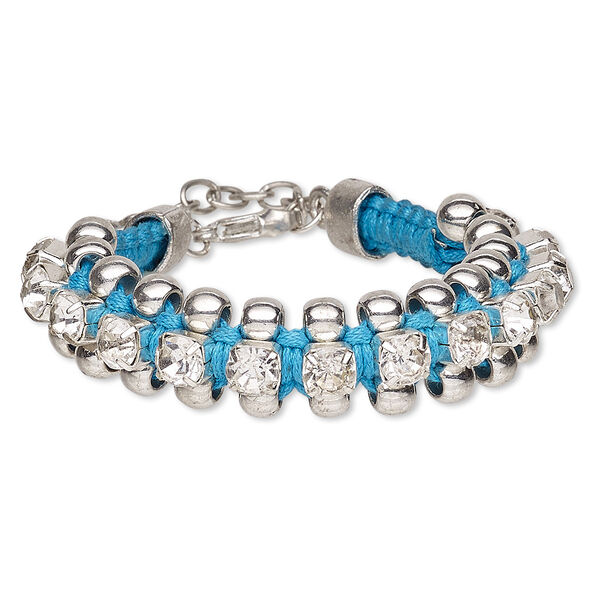 Bracelet, waxed cotton cord / glass rhinestone / silver-finished brass / steel, turquoise blue and clear, 13mm wide with cupchain, 6 inches with 2-inch extender chain and lobster claw clasp. Sold individually. image number 0