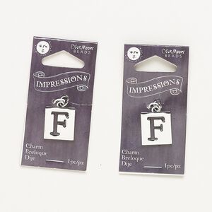Drop, silver-finished "pewter" (zinc-based alloy) and steel, 16x15mm flat square with cutout alphabet letter "F." Sold per pkg of 2.