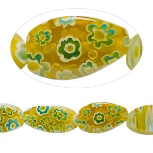 Bead, millefiori glass, translucent olive green / white / blue, 16x8mm 4-sided twisted oval with 0.6-0.8mm hole. Sold per 15-inch strand.