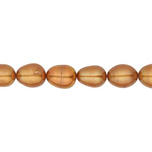 Pearl, cultured freshwater (dyed), copper, 7-8mm rice, C grade, Mohs hardness 2-1/2 to 4. Sold per 16-inch strand.
