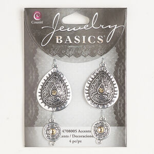 Link and focal assortment 1pkg4, antique silver-finished brass and acrylic, tan, 13mm round and 30x24mm teardrop.