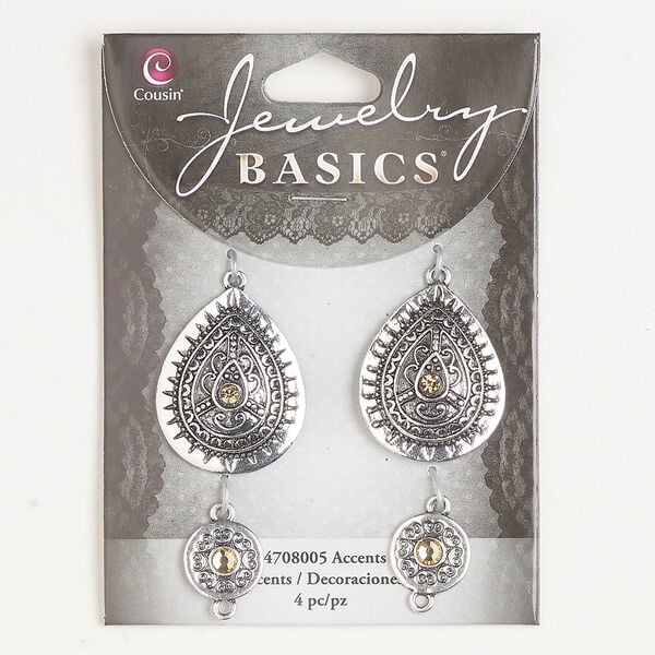 Link and focal assortment 1pkg4, antique silver-finished brass and acrylic, tan, 13mm round and 30x24mm teardrop. image number 0