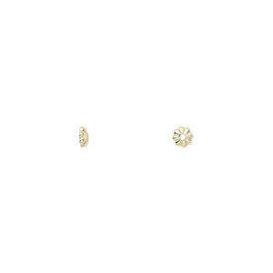 Bead cap, gold-plated brass, 3x1mm ribbed round, fits 2-4mm bead. Sold per pkg of 500.