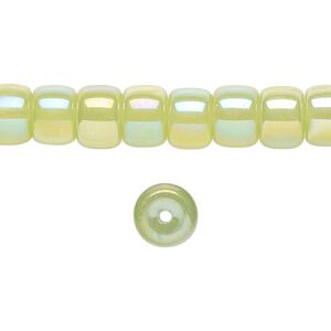 Bead, glass, translucent peridot rainbow, 8x6mm barrel. Sold per 15-1/2 to 16-inch strand.